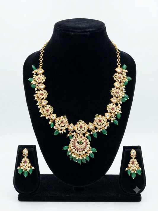 Jadau Guttapusalu Necklace with Green Beads and Matching Earrings for Women | Premium South Indian Gold Look-Alike Jewellery | Super Macchi