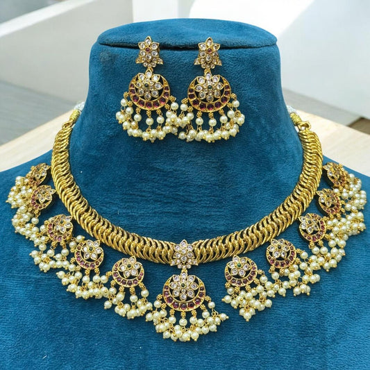 Jadau Pearl Choker Necklace Set with Earrings – Super Macchi Jewellery Collections