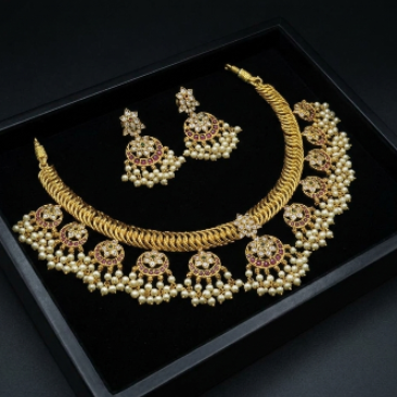 Jadau Pearl Choker Necklace Set with Earrings – Super Macchi Jewellery Collections