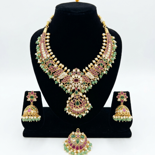 Jadau South Indian Style Ruby and Emerald Necklace Set with Pearl and Green Drops