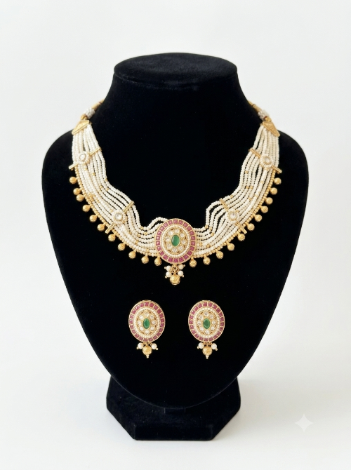 Jadau White Beads Royal Choker Set