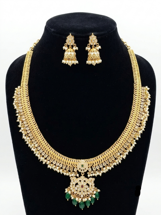 Jalebi Long Guthapusalu Haram Necklace Set with Matching Earrings for Women | Premium South Indian Gold Look-Alike Jewellery | Super Macchi