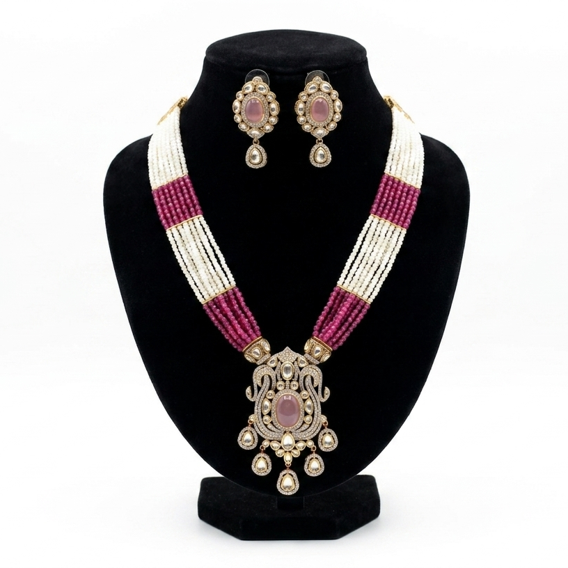 Jazzberry Pink and White Layered American Diamond Necklace Set from Super Macchi