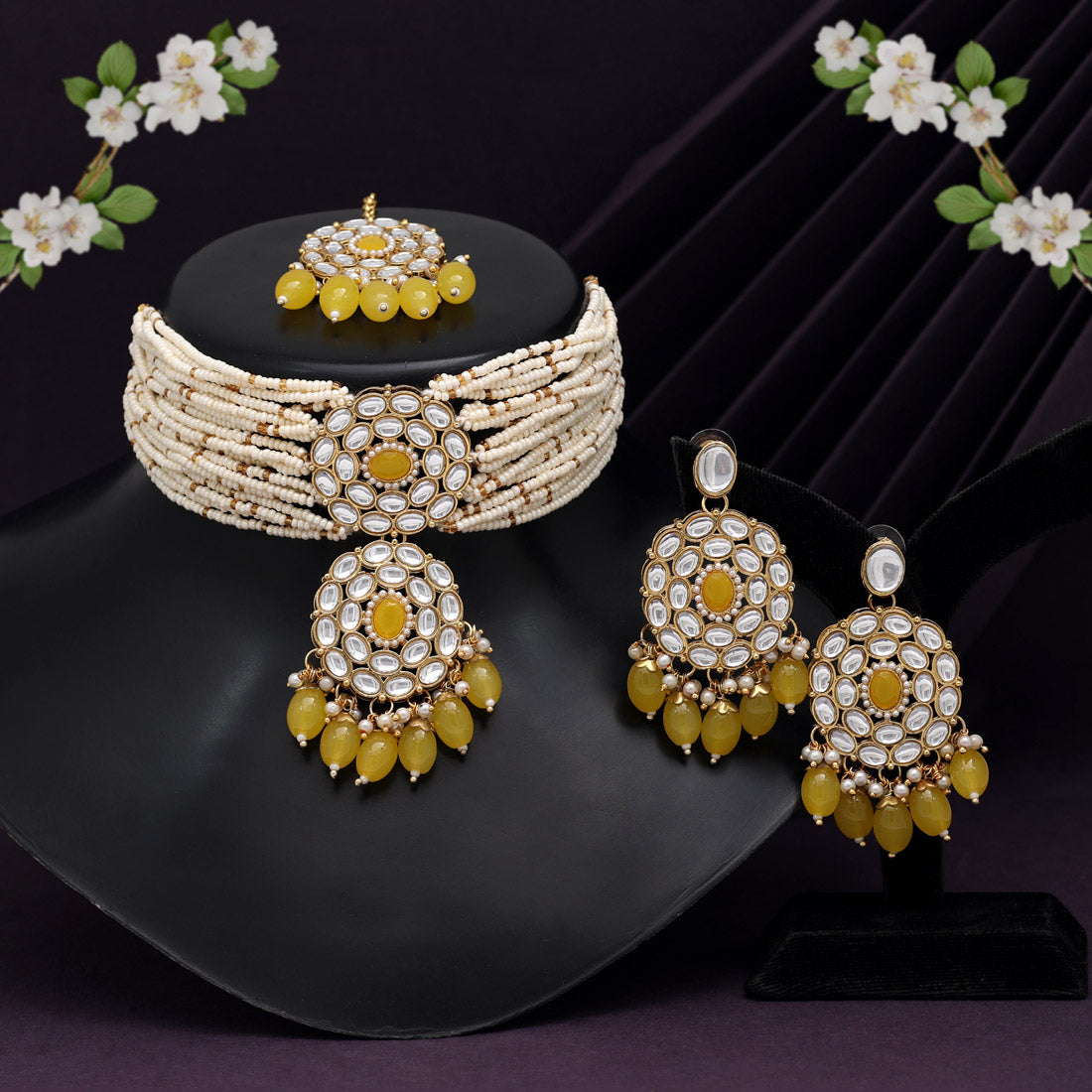 Yellow Color Choker Kundan Necklace Set