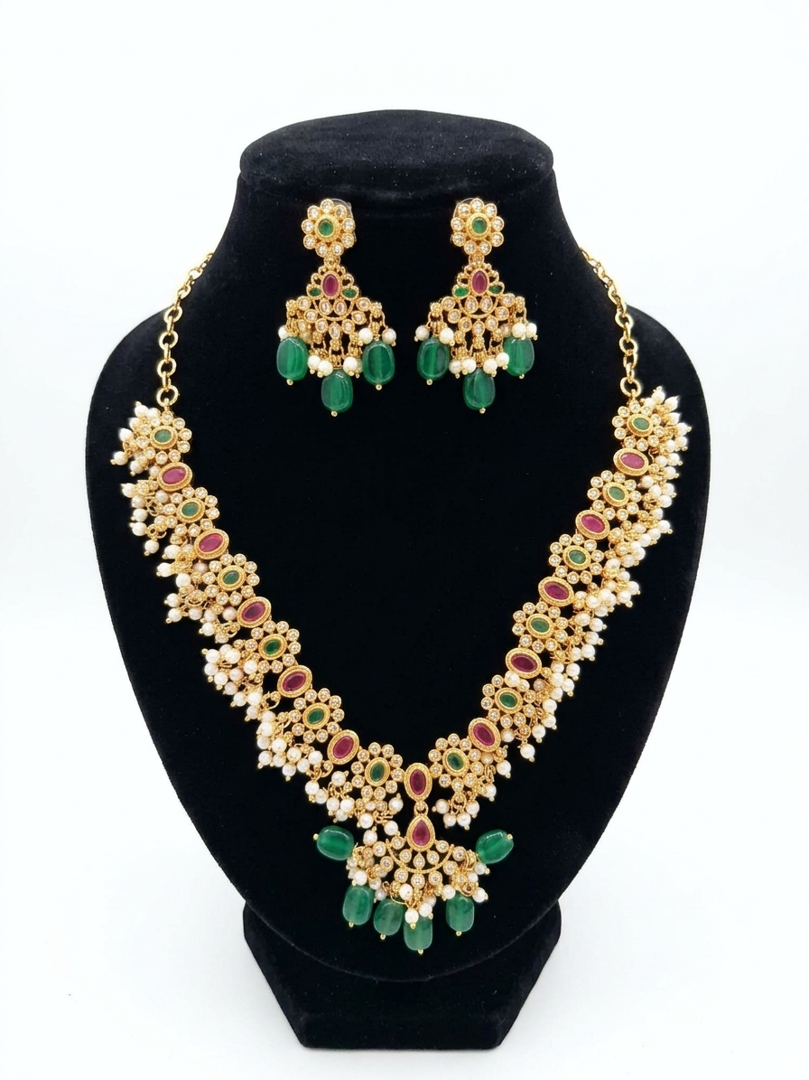 Kempu Stone Traditional Guthapusalu Necklace Set