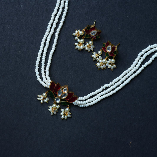Kundan-Studded and White Beaded Necklace & Earrings Set