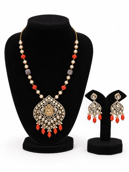 Lakshmi Kundan Pendant Necklace Set with Coral Beads
