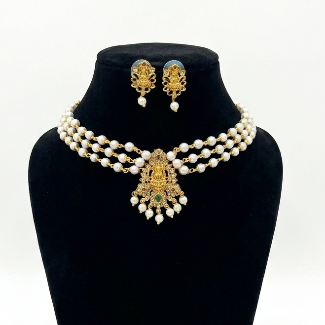 Lakshmi Pearl Temple Choker Necklace Set with Matching Earrings for Women | Premium South Indian Gold Look-Alike Jewellery | Super Macchi