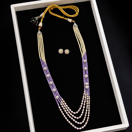 Lavender Pearl Multi-Layer Beaded Necklace Set with Stud Earrings 