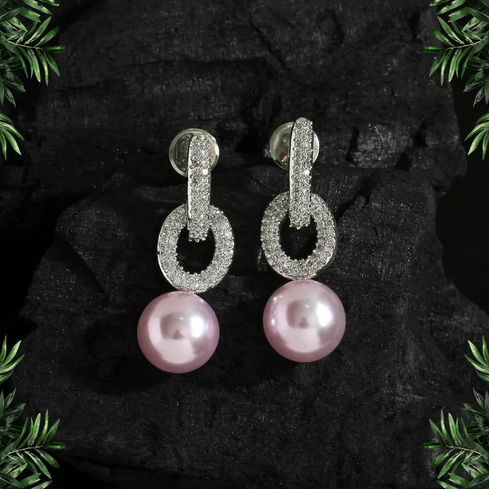 Light Pink Color Pearl American Diamond Earrings