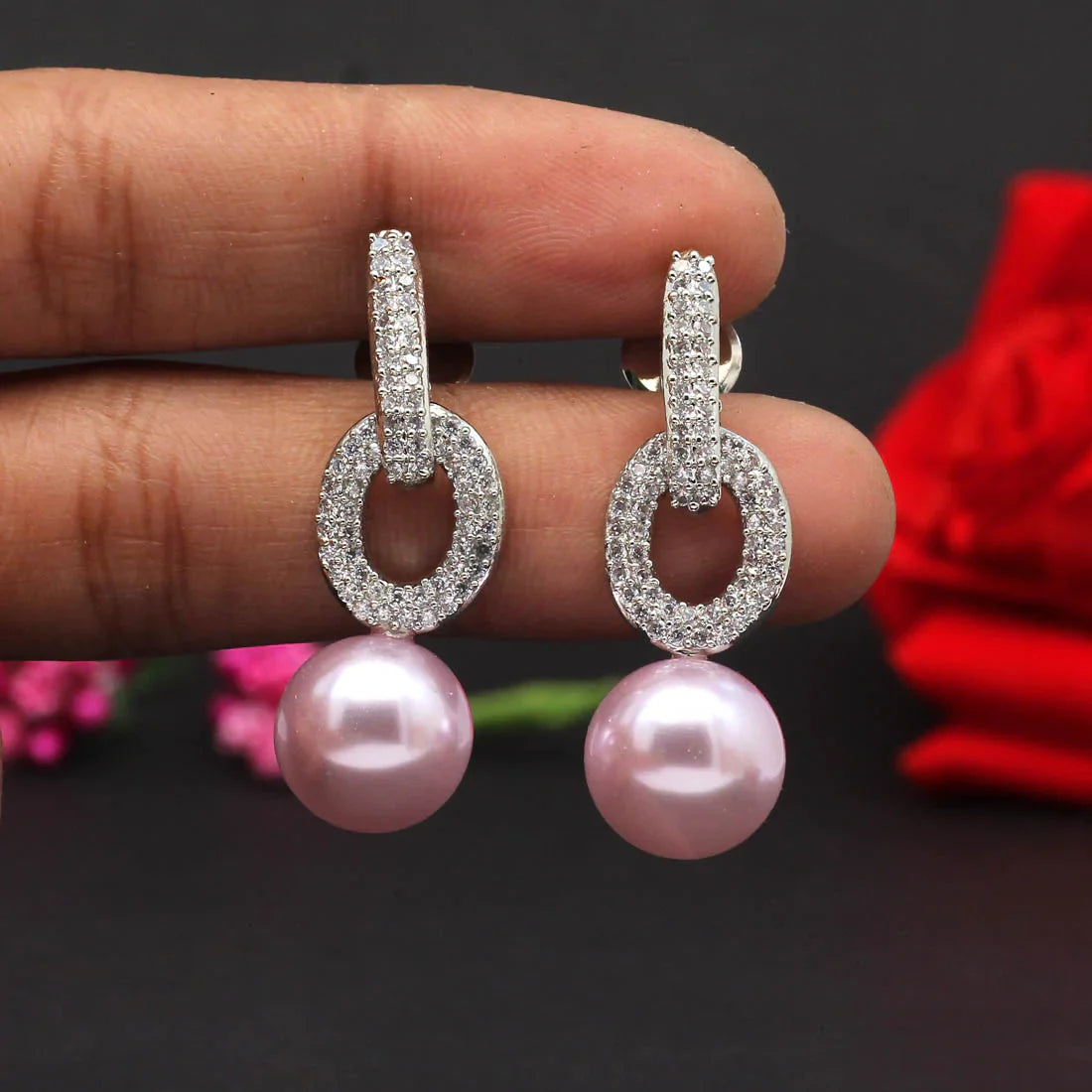 Light Pink Color Pearl American Diamond Earrings
