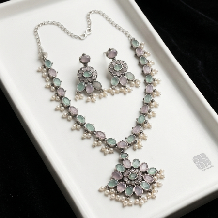 Light Pista and Pink German Silver Long Necklace Set