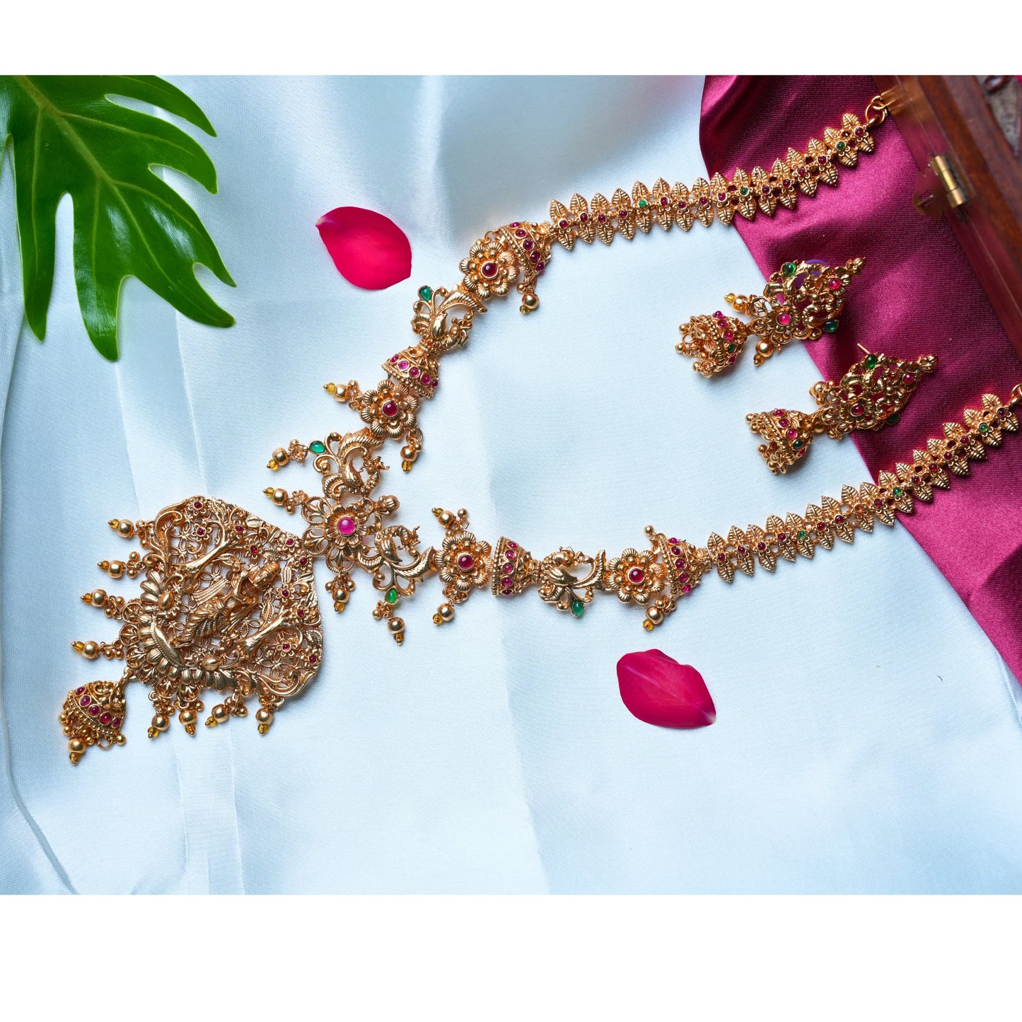 Lord Krishna-Inspired Antique Gold-Alike Long Haram with Gold-Colored Pearls
