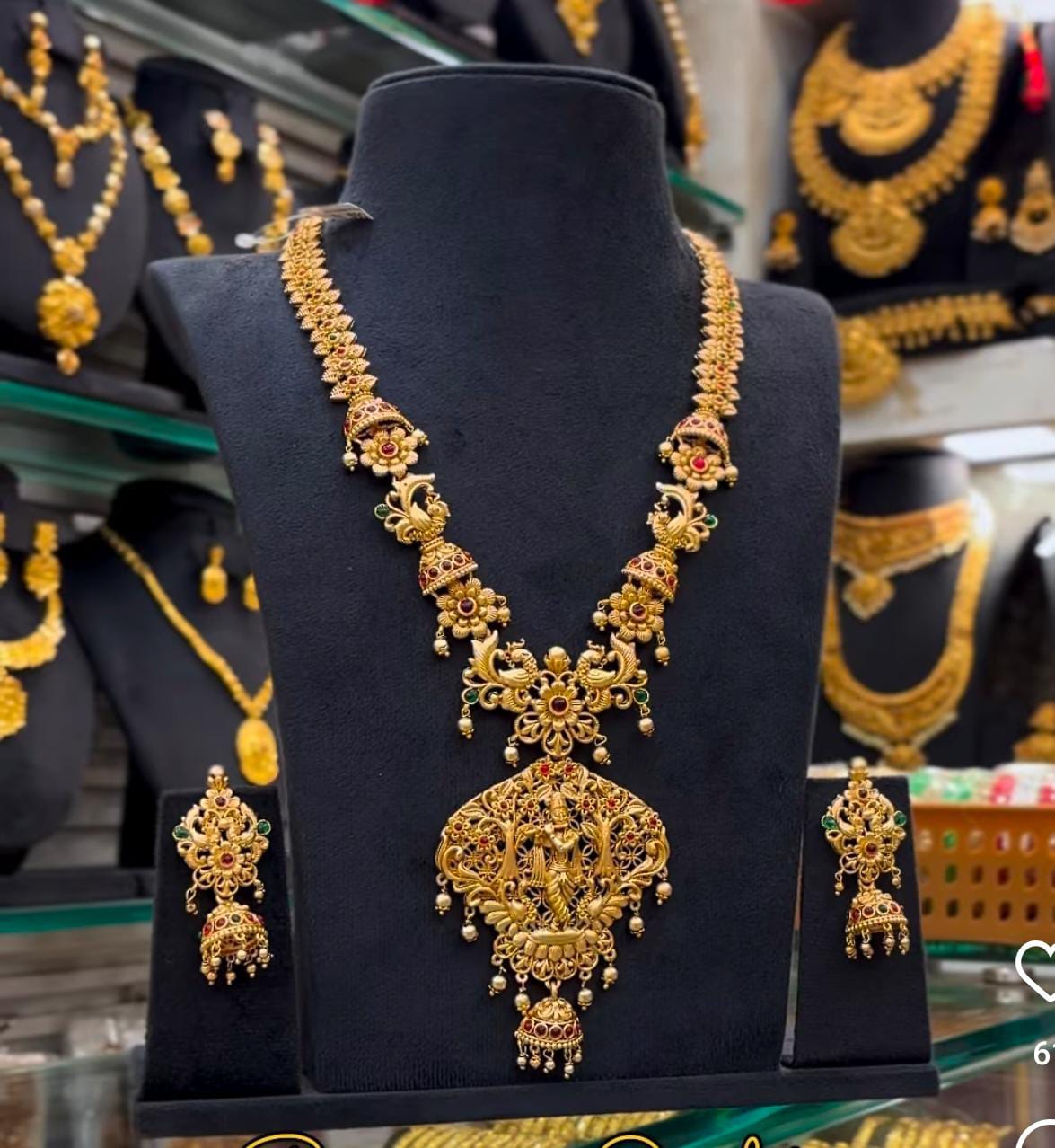 Lord Krishna-Inspired Antique Gold-Alike Long Haram with Gold-Colored Pearls