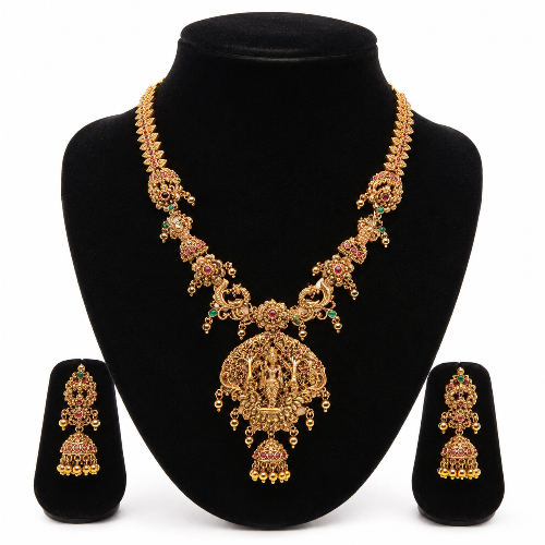 Lord Krishna-Inspired Antique Gold-Alike Long Haram with Gold-Colored Pearls