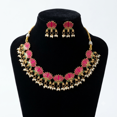 Lotus Choker Necklace with pearl drops