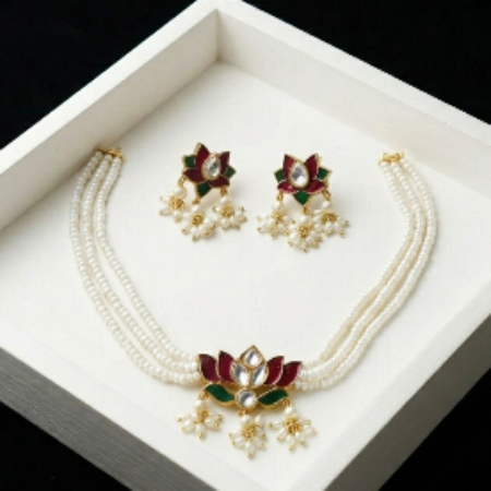 Lotus Rice Pearl Beaded Choker Set – Traditional Elegant Necklace Set for Women