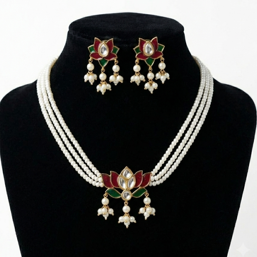Lotus Rice Pearl Beaded Choker Set Traditional Elegant Necklace Set for Women