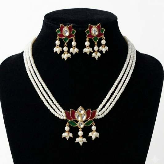 Lotus Rice Pearl Beaded Choker Set Traditional Elegant Necklace Set for Women