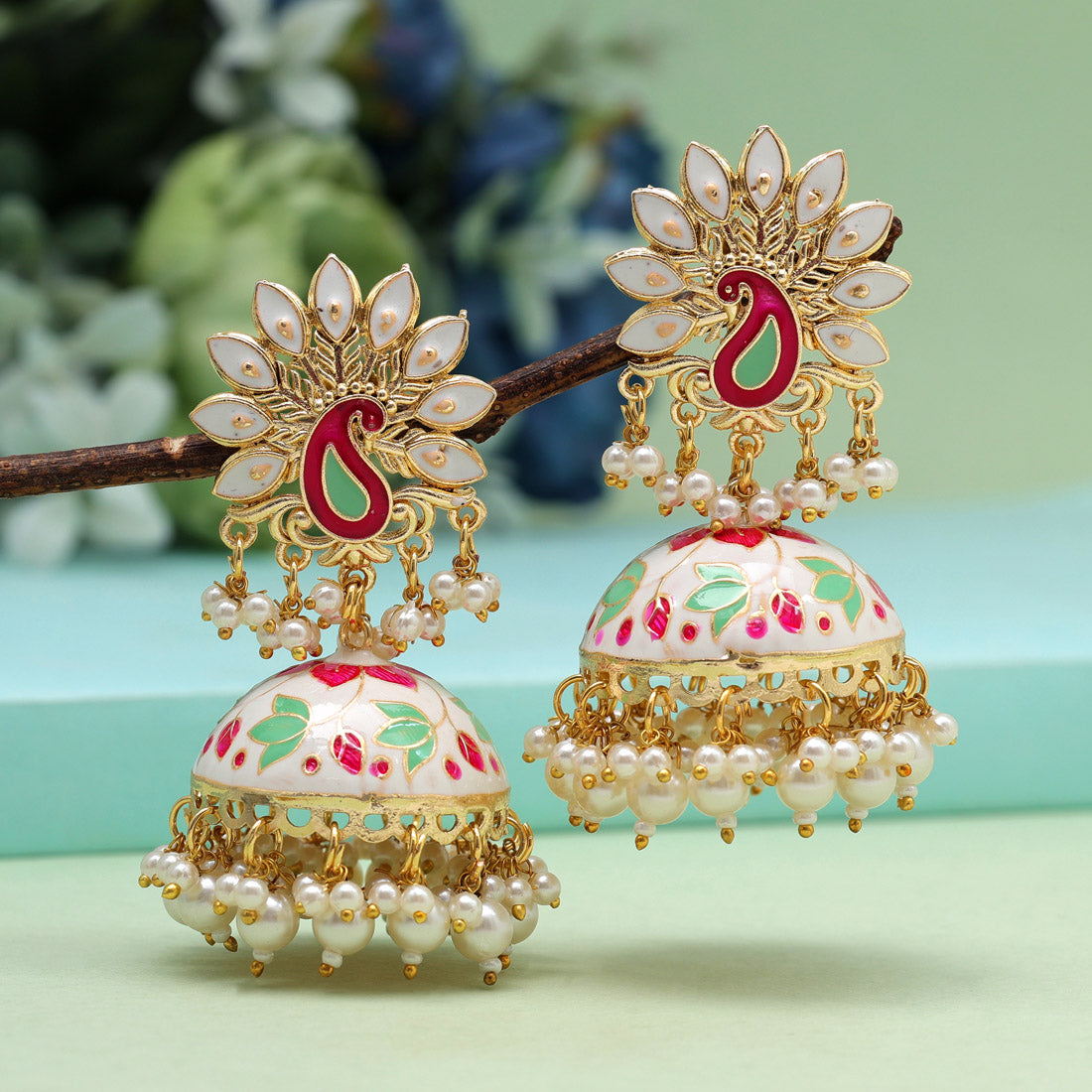 White Color Meenakari Earrings