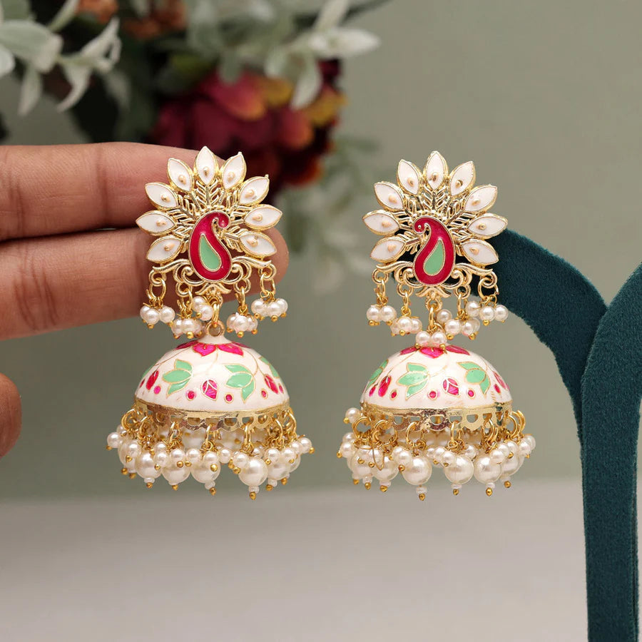 White Color Meenakari Earrings