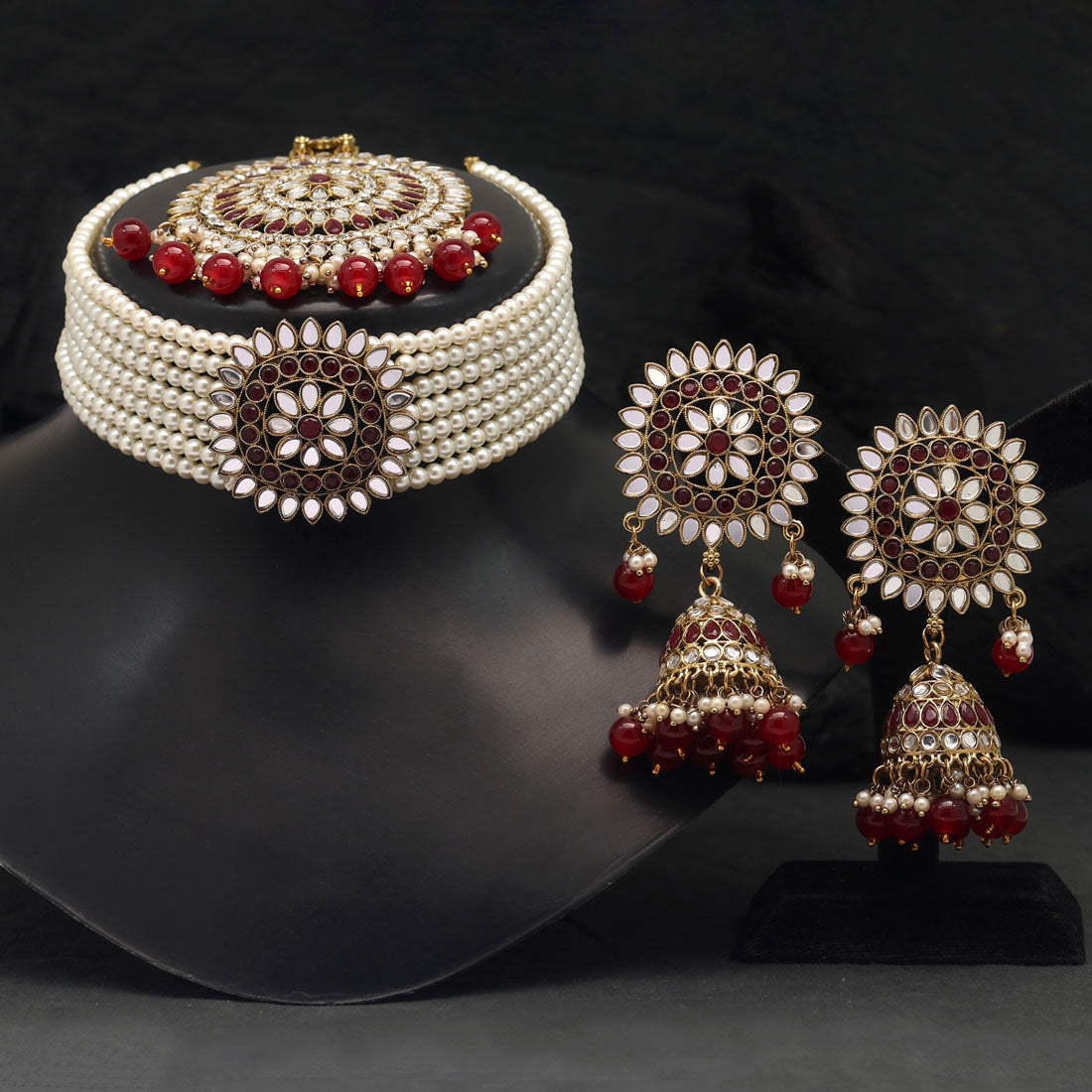 Maroon Color Kundan Mirror Choker Necklaces Set