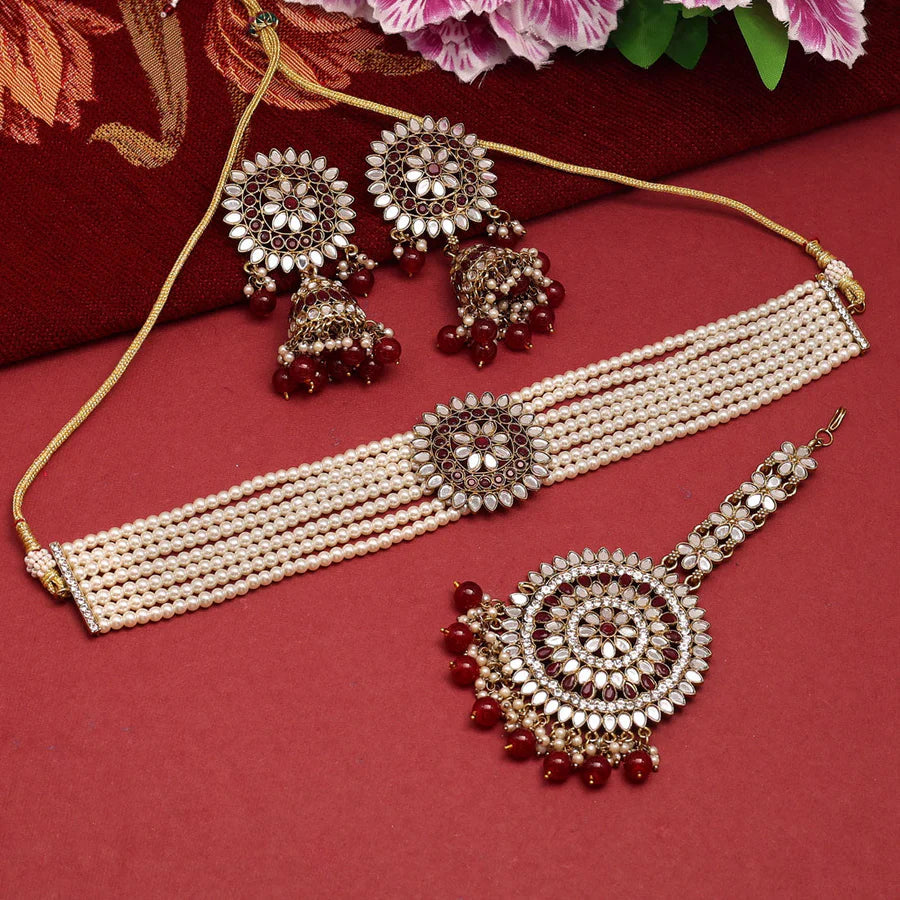 Supermacchi's Maroon Color Kundan Mirror Choker Necklaces Set