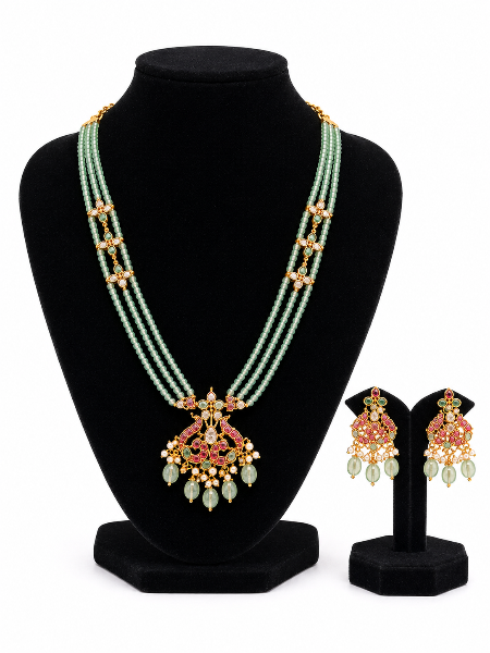 Mint Green Beaded Kundan Necklace Set with Matching Earrings 