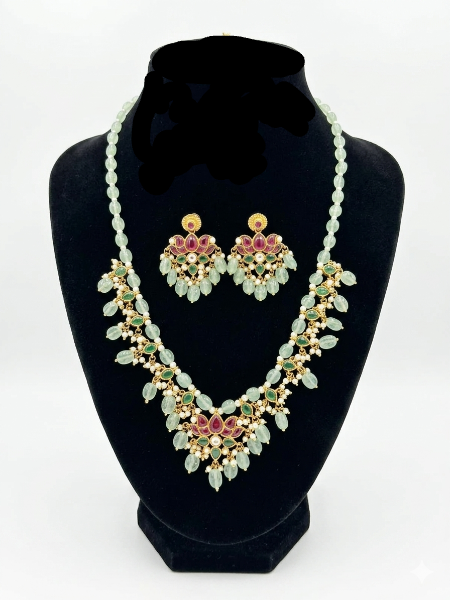 Mint Green Beads and Kundan Choker Necklace Set for Women