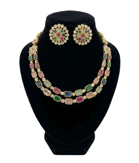 Multi-Colour Stones Gold Look-Alike Double Layer Necklace Set for Women
