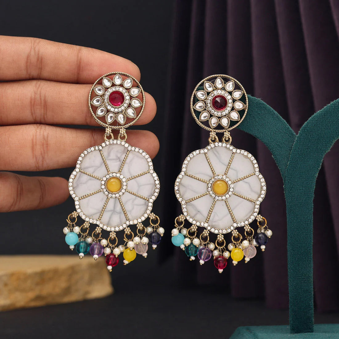Multi Color Mother Of Pearl Kundan Earrings