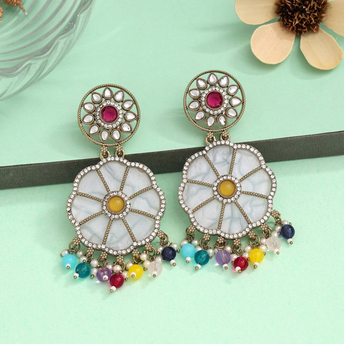 Multi Color Mother Of Pearl Kundan Earrings
