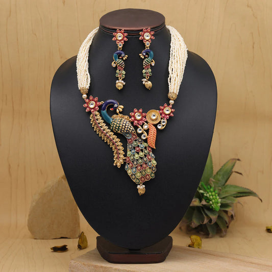 Multi Colour Peacock Inspired Meenakari Rajwadi Matte Gold Necklace Set