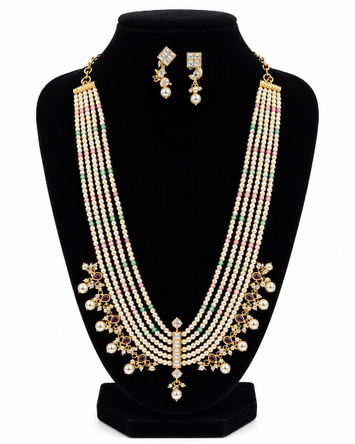 Multi Color 5 Layered Guthapusalu Necklace with Rice Pearls
