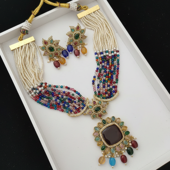Multi Color Beaded Pearl AD Necklace Set