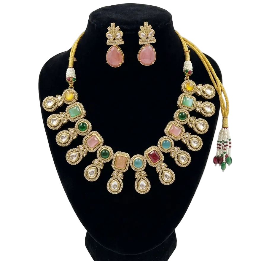 Multi Color Moissanite AD Necklace Set – Super Macchi Jewellery