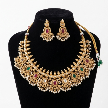 Multi Color Pota Stone Pearl Drops Necklace Set  Super Macchi Jewellery
