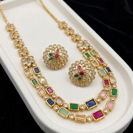 Multi Color Stones Double Layer with CZ Gold Look Alike Necklace Set