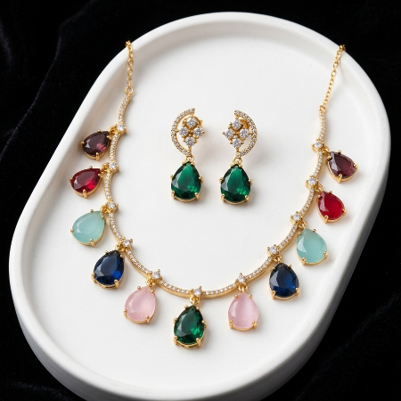 Multi Color Stones with CZ Necklace Set