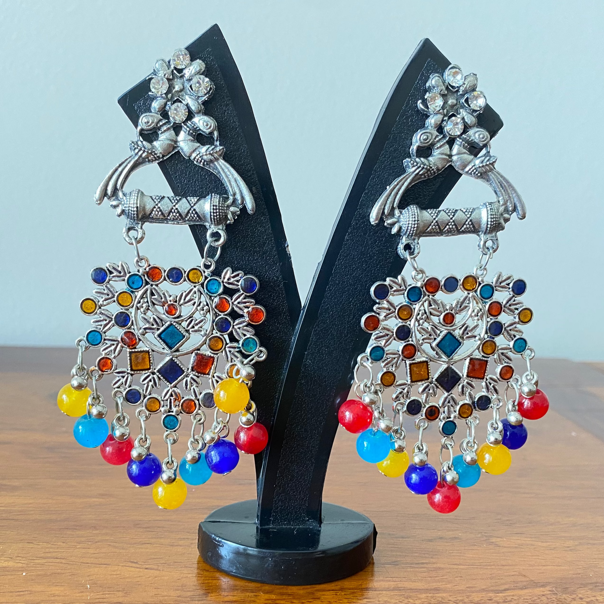 Multi Colour Beaded Peacock Oxidised Earrings