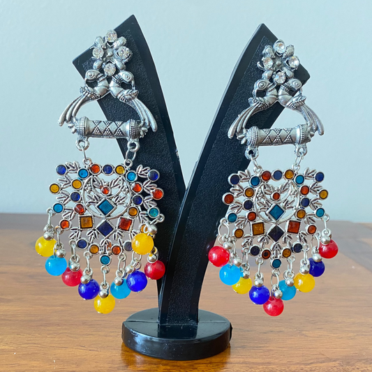 Multi Colour Beaded Peacock Oxidised Earrings