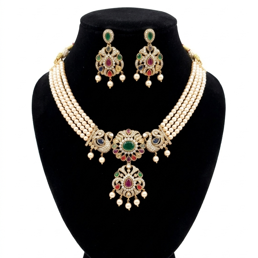 Multicolor Stones Pearl Choker Set for Women