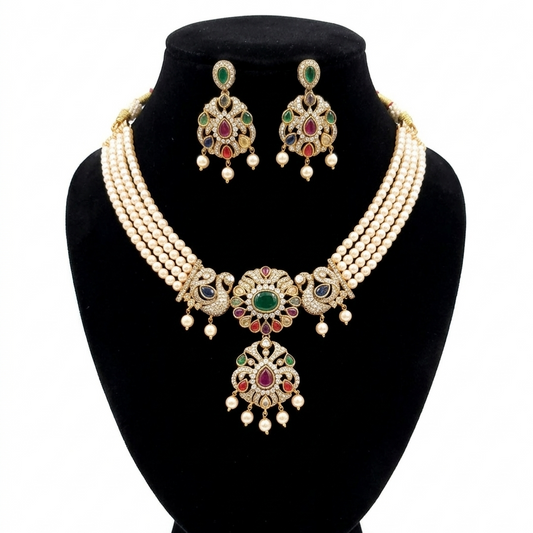 Multicolor Stones Pearl Choker Set for Women