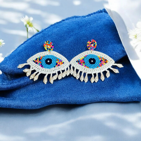 Multicolour Beaded Evil Eye Fringe Earrings Supermacchi Jewellery Collections