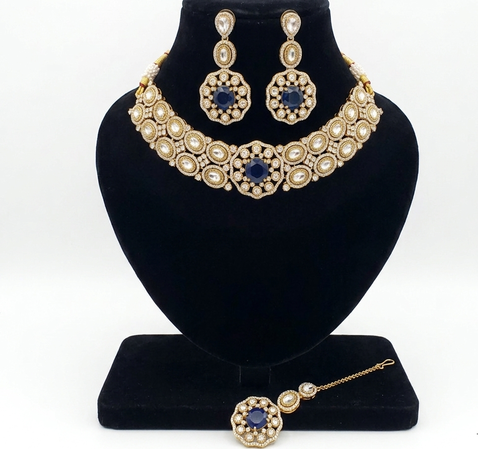 Navy Blue Stone American Diamond Choker Set – Super Macchi