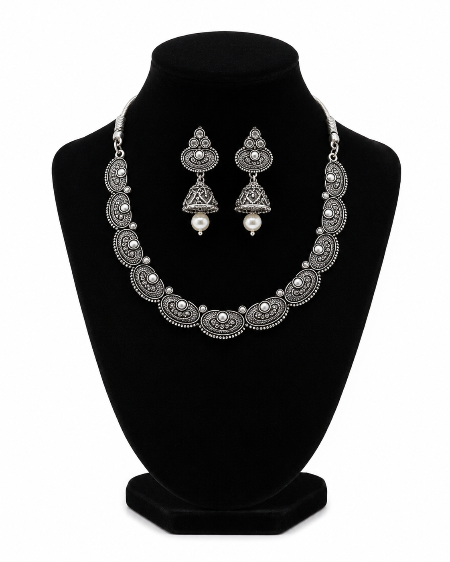 Oxidised Jewellery Set with Pearl Drop Jhumkas