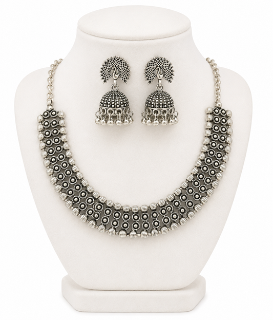 Oxidised Silver Plated Necklace With Jhumka