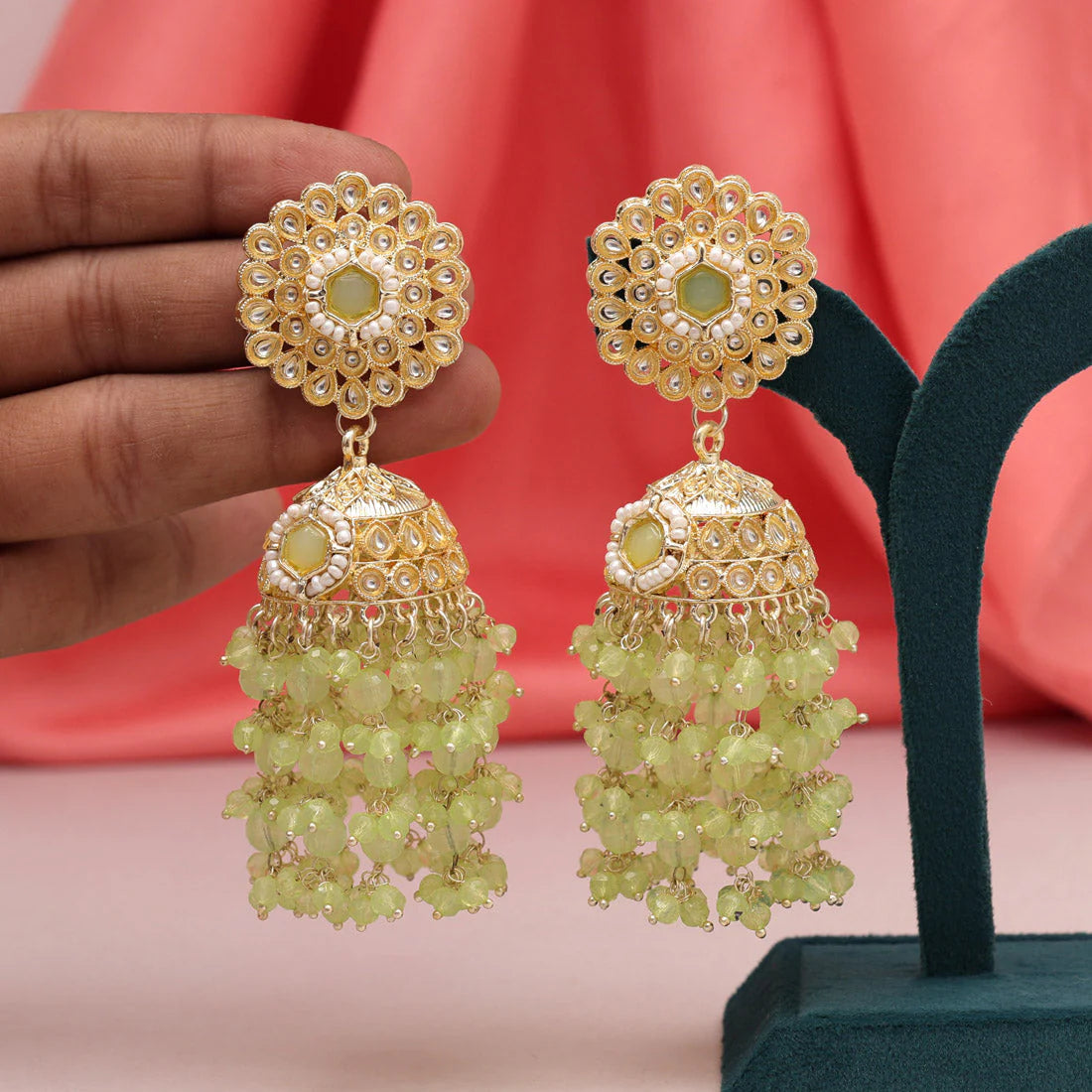 Parrot Green Color Jhumka Kundan Earrings