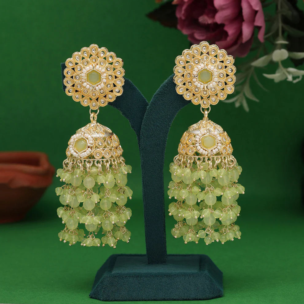 Parrot Green Color Jhumka Kundan Earrings