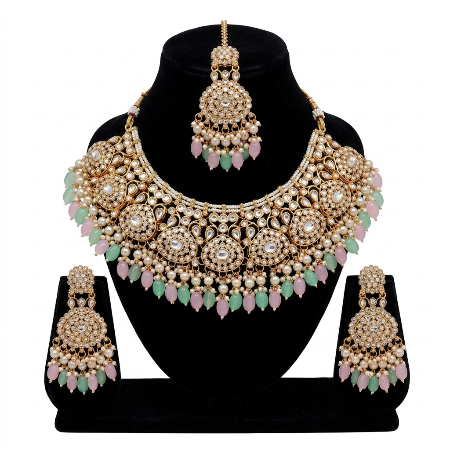 Parrot Green Necklace Set with Pink Color Kundan and beaded
